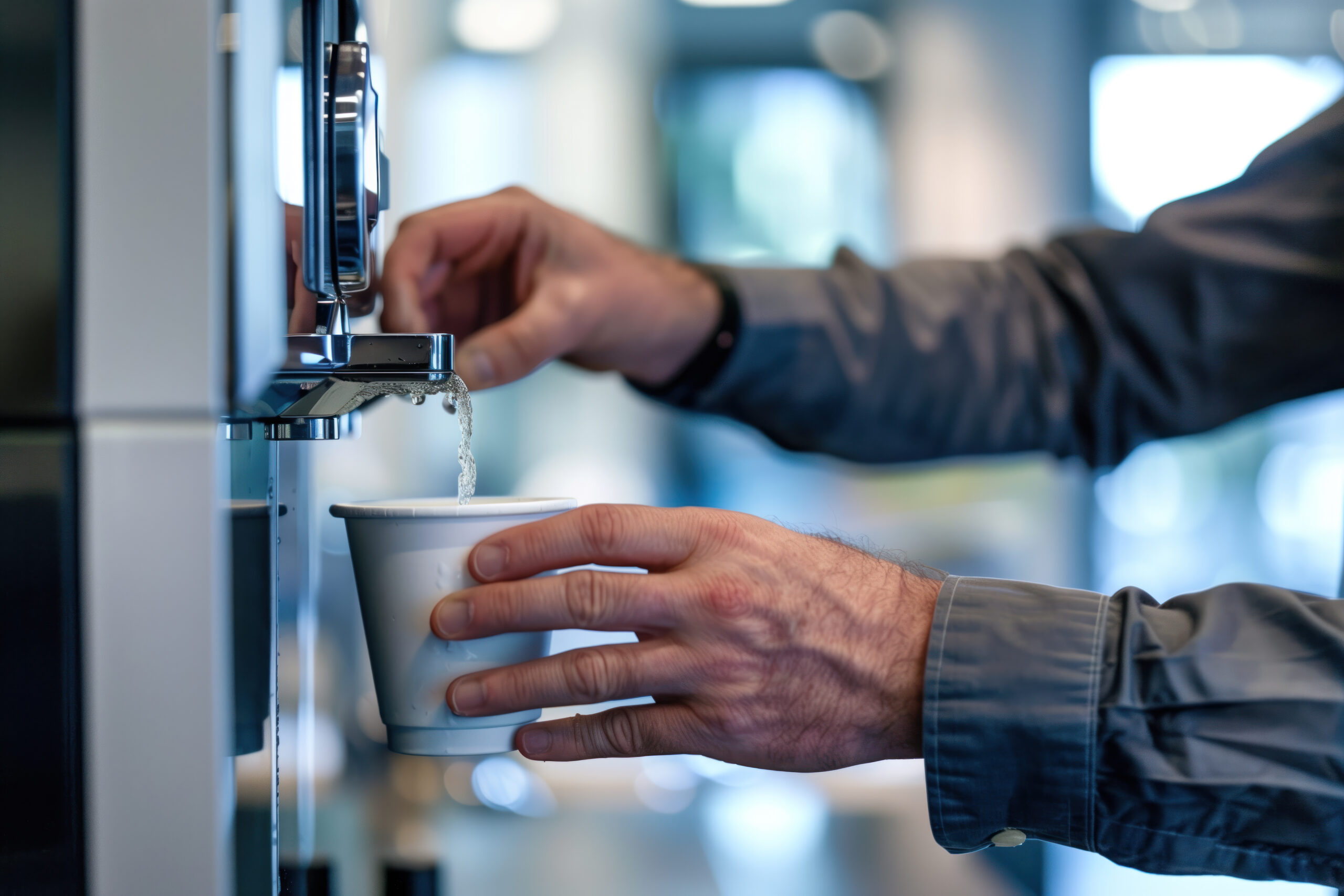 Man pouring water from a dispenser in a workplace, symbolising hydration and fatigue management in the workplace.